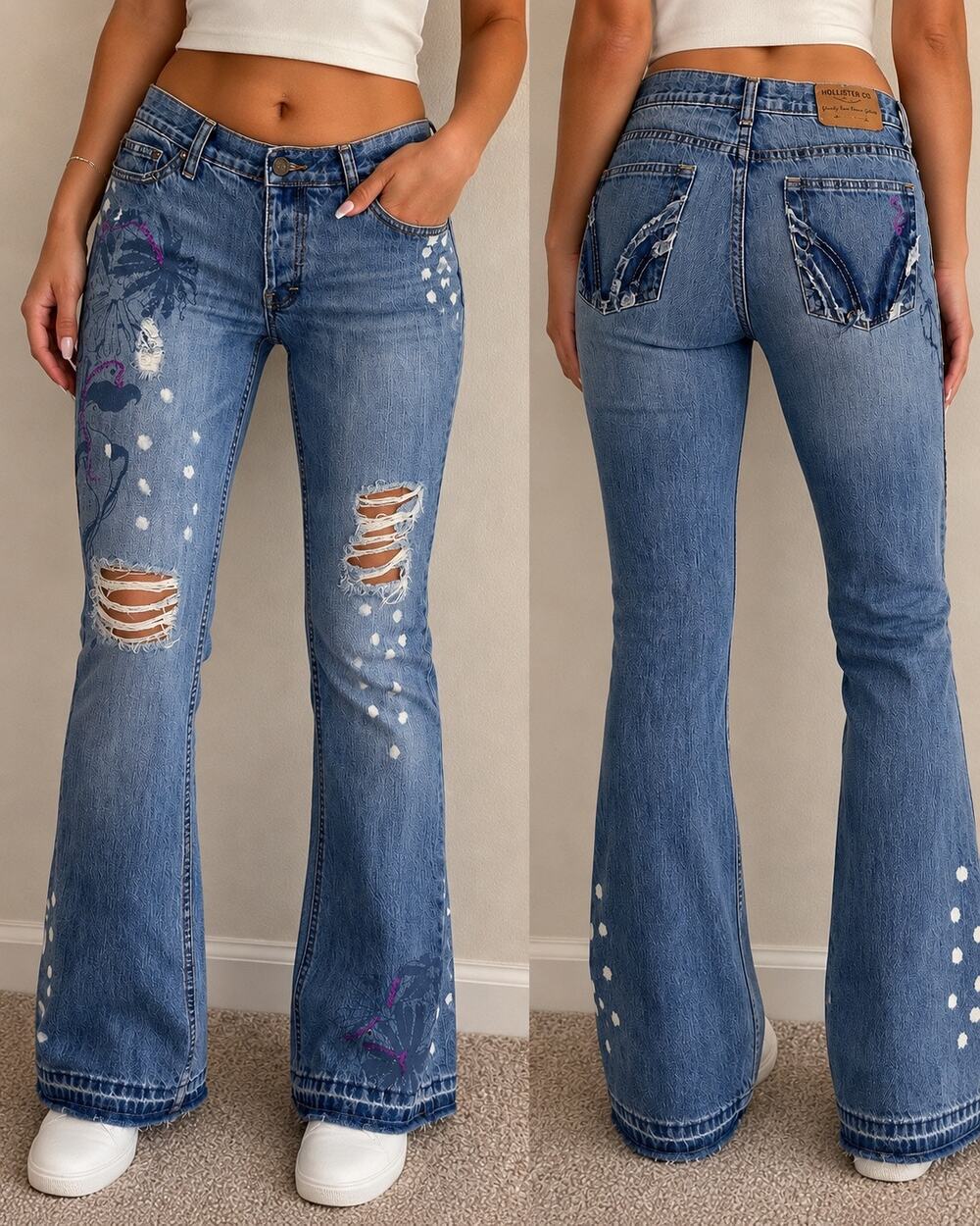 Hollister Denim Flare Jeans Size 5 Distressed Paint Splatter Floral Y2K Boho